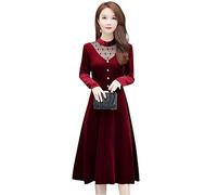 Alloaone Ufficio Lady Elegante Svuotare Velluto Delle Donne Vintage Manica Lunga Abito Trapezio Slim Velluto Abiti Wine Red XL