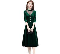 Alloaone Ufficio Lady Elegante Svuotare Velluto Delle Donne Vintage Manica Lunga Abito Trapezio Slim Velluto Abiti Verde XL