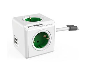 Allocacoc 1402GN/DEEUPC, PowerCube DuoUSB Extended Verde EU, Caricatore Doppio USB e Presa Multipla 4X 230V Schuko, Bianco Verde
