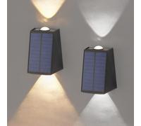 ALLOMN Luci solari per recinzione, 2 pezzi per esterni, lampada da parete LED a energia solare per giardino con luce calda + luce fredda, luci solari LED impermeabili per cortile, terrazza sul tetto