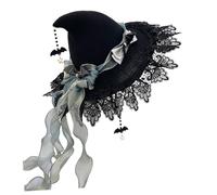 alloneslife Cappello da strega tesa per abbigliamento da palcoscenico | Accessorio per costume gotico di Halloween, finitura in pizzo, accento pipistrello, cravatte a nastro