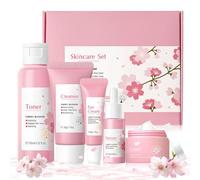 Allony Kit per la Cura Della Pelle Sakura, Kit Skincare Viso Completo con Tonico, Detergente,Crema Viso, Detergente visos, Tonico, Creme, Crema Occhi e Siero, Sakura Skincare Set 5 Pezzi