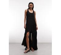 AllSaints - Dorina - Vestito midi nero senza maniche arricciato asimmetrico con volant 44