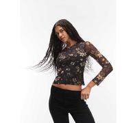 AllSaints - Ellie - Top a maniche lunghe in rete nero a fiori 34-36