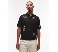AllSaints - Karlton - Camicia a maniche corte in misto lino nera ricamata-Nero M