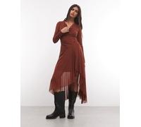 AllSaints Loria vestito midi in rete con maniche lunghe, arricciato e plissettato, marrone ruggine 42