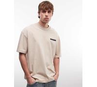 AllSaints - Redact - T-shirt oversize marrone chiaro con logo ricamato e stampa sul retro M
