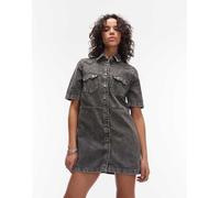 AllSaints - Rock - Vestito corto in denim nero slavato a maniche corte con bottoni 42