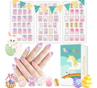 Allstarry Unghie finte a pressione per bambini, copertura completa, coniglio sfumato, puntini di colore, decorazione nail art, pianeta viola