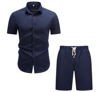 Allthemen Camicia a Maniche Corte Casual Uomo Maglietta con Pantaloncini Tinta Unita da Lavoro Blusa Estiva da Spiaggia in Lino Navy M