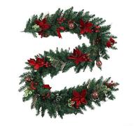 Allthingstore Ghirlanda natalizia con stelle di Natale rosse e bacche per interni ed esterni, decorazione per le vacanze, per porta, parete, camino, caminetto, decorazione invernale per la casa, 1,5 m