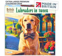 ALLTRADE Calendario 2025 con labrador in tweed con vista mensile, grande parete 2025, calendario festivo del Regno Unito, prodotto in Gran Bretagna, ottimo regalo per mamma, papà, collega, amici e