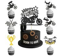 ALLY-MAGIC Decorazioni per torte di compleanno a tema moto, 13 pezzi, colore nero glitterato, per feste di motocross, sport, motocross, feste di compleanno, decorazioni per torte Y11MTCSRCP