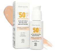 ALMA SECRET | Protezione solare per il viso con colori SPF50 - Tutti i tipi di pelle chiara - Crema idratante antietà, antimacchia e olio libero - Vegano - Ceramidi, Acido Ialuronico - Sabbia - 50 ml