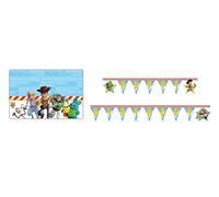 ALMACENESADAN -4767, confezione Disney Toy composta da ghirlanda Happy Birthday da 2,40 metri circa e tovaglia 120 x 180 cm, ideale per feste e compleanni, multicolore, normale (8435510347673)