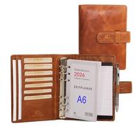 ALMADIH Agenda in pelle A6 Portadocumenti Calendario 2025 Marrone Deluxe Cartella Portablocco Organizer Porta Documenti Conferenza Anelli + Block Notes Organizzatore Carpetta