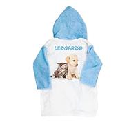 ALMATEX SRL Accappatoio in Spugna Personalizzato con Nome con Cappuccio da Bambino con Cappuccio Personalizzati Made in Italy (Anni 2/3, Cane E Gatto Azzurro)