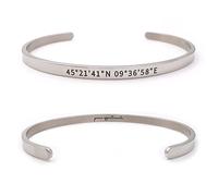 ALMENDRA Bracciale coordinate geografiche personalizzato da uomo primo bacio con incisione nascosta rigido acciaio personalizzabile regalo scritta nome (Argento)