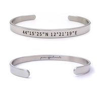 ALMENDRA Bracciale coordinate geografiche personalizzato da uomo primo bacio con incisione nascosta rigido acciaio personalizzabile regalo scritta nome (Acciaio)