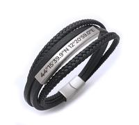 ALMENDRA Bracciale da uomo personalizzato in simil pelle nera e acciaio personalizzabile con incisione di nomi, iniziali, frasi, famiglia con chiusura magnetica scatola regalo (Nero - Acciaio 1)
