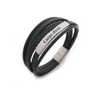 ALMENDRA Bracciale da uomo personalizzato in simil pelle nera e acciaio personalizzabile con incisione di nomi, iniziali, frasi, famiglia con chiusura magnetica scatola regalo (Nero - Acciaio 2)