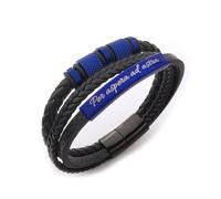 ALMENDRA Bracciale da uomo personalizzato in simil pelle nera e acciaio personalizzabile con incisione di nomi, iniziali, frasi, famiglia con chiusura magnetica scatola regalo (Nero - Blu)