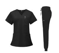 ALMLEU Indumenti per Infermieri Multicolour Jogger Suits Uniforms Short Sleeve V-Neck Tops Pocket Pants Scrubs Set Clinical Clothes(Black,S)