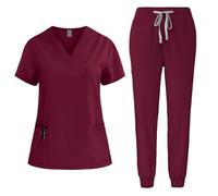 ALMLEU Indumenti per Infermieri Women Jogger Sets Pair Multicolour Suits Short Sleeve V-Neck Tops Pocket Pants Set(Wine Red,XXL)