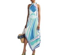 Almpuxee Abito da donna in due pezzi, sexy senza spalline e schiena scoperta, stampato in raso per resort e spiaggia, A, M