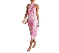 Almpuxee Abito da donna in due pezzi, sexy senza spalline e schiena scoperta, stampato in raso per resort e spiaggia, H, M