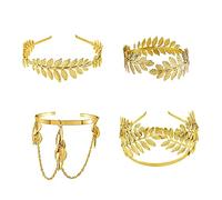 Alnicov 4PCS Accessori della dea greca Corona in foglia d'oro Bracciale in foglia d'oro Bracciale in alloro romano Fascia per capelli