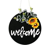 Alnicov, Cartello di benvenuto con ghirlanda per porta d'ingresso, in legno, per fattoria o portico, decorazione per porta anteriore (motivo girasole)