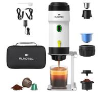 ALNOTEC Bianca-Caffettiera Espresso Portatile 20 Bar Ricaricabile Macchina da Caffè Auto-Riscaldante Compatibile Capsule NES, DG & Caffè Macinato Caricatore USB, 220 V e Auto Custodia + Supporto di