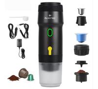 ALNOTEC Macchina da caffè portatile elettrica auto riscaldata, 20 BAR - 3 in 1 compatibile con capsule NES, DG e Caffè macinato, caricabatterie 220 V, USB e auto, ricaricabile. NERO