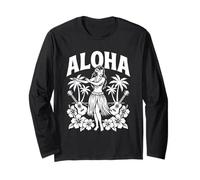 Aloha Hawaii Retro Hula Dancer Palme Ukulele Ibisco Maglia a Manica