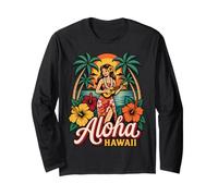 Aloha Hawaii Ukulele Player Sunset Beach Ibisco Retro Art Maglia a Manica