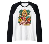 Aloha Hawaii Ukulele Player Sunset Beach Ibisco Retro Art Maglia con Maniche Raglan