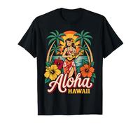 Aloha Hawaii Ukulele Player Sunset Beach Ibisco Retro Art Maglietta