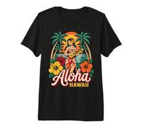 Aloha Hawaii Ukulele Player Sunset Beach Ibisco Retro Art Maglietta Premium