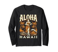 Aloha Hawaii Vintage Hula Dancer Ukulele Palme Oceano Maglia a Manica