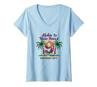 Aloha to Nine Years: 9° Compleanno Hawaii Gift Maglietta con Collo a V, Donna, Celeste, XL
