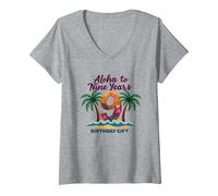 Aloha to Nine Years: 9° Compleanno Hawaii Gift Maglietta con Collo a V, Donna, Grigio Melange, XL
