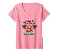 Aloha to Nine Years: 9° Compleanno Hawaii Gift Maglietta con Collo a V, Donna, Rosa, XL