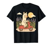 Alpaca Equitazione Scooter Rosso Attraverso Il Campo Di Lavanda Alba Maglietta