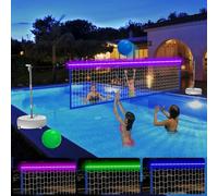 Alpcouts Rete da pallavolo da piscina con luci, rete da pallavolo a LED portatile ad energia solare per piscina con 2 palline luminose, pompa e basi ponderate, lunghezza regolabile 4,6 m - 9,8 m per