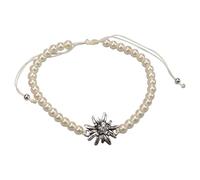 Alpenflüstern DAB 088 - Braccialetto con perle e strass con chiusura a tiro, gioiello tradizionale da donna con stella alpina color argento anticato, bracciale regolabile con perle (bianco crema)