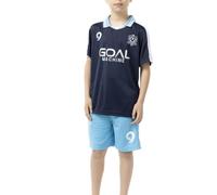 ALPHADVENTURE - Completo Sportivo Bambino di Calcio, Set di 2 Pezzi, Set Maglia a Maniche Corte con collo speciale e Pantaloncini con tasche per Fare Sport - Taglie dalla 6 alla 14 anni, blu marino