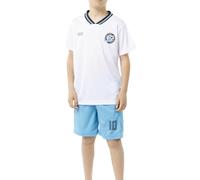 ALPHADVENTURE - Set Sportivo Bambino Calcio, Tuta da 2 Pezzi, Set Maglietta a Maniche Corte con Collo Speciale e Pantaloncini con Tasche Sportive - Taglie da 6 a 14 anni, Bianco/Blu, 6 anni