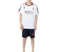 ALPHADVENTURE - Set Sportivo Bambino Calcio, Tuta da 2 Pezzi, Set Maglietta a Maniche Corte con Collo Speciale e Pantaloncini con Tasche Sportive - Taglie da 6 a 14 anni, Bianco/blu marino, 14