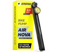 Alphatrail AirNova mini pompa per bici con manometro, 80 PSI / 5,5 bar | Testa Clever-Twin-Valve per Presta, Schrader/auto e Dunlop | Impugnatura a T anti-schiacciamento, supporto per telaio